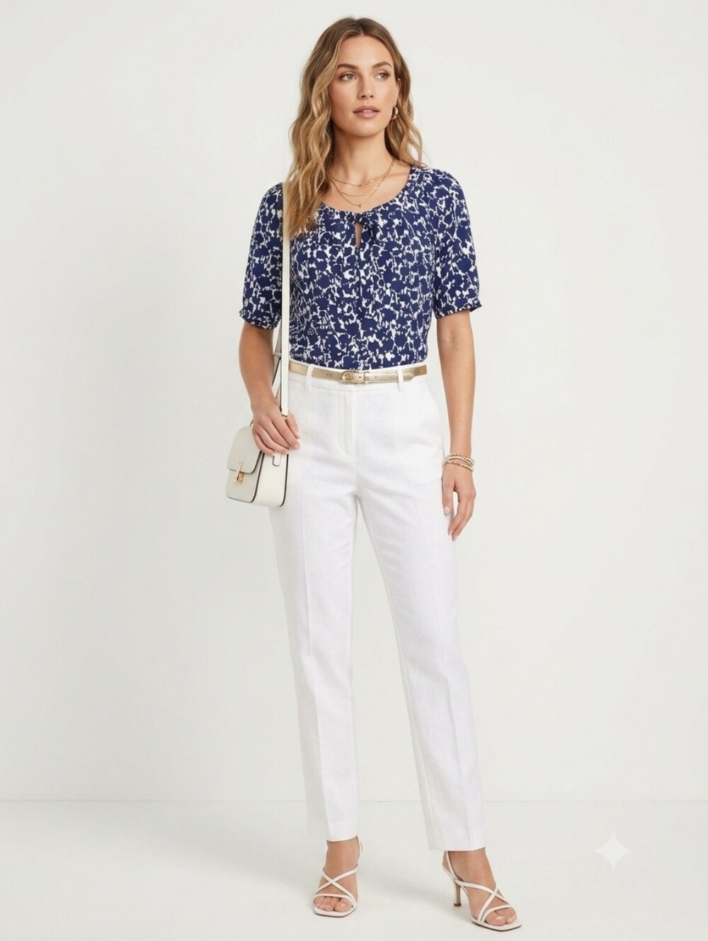 Izod ✨️ Navy & White Tie-Neck Patterned Blouse Size SP